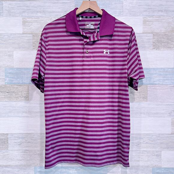 Under Armour Striped Performance Tech Polo Shirt Purple Loose Mens Medium - Picture 1 of 5